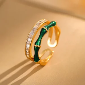 gold plated copper bamboo zircon open ring – elegant minimalist finger jewelry