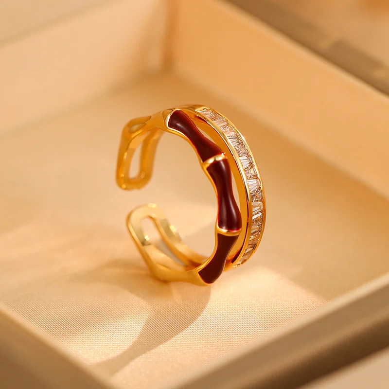 gold plated copper bamboo zircon open ring – elegant minimalist finger jewelry gold plated copper bamboo zircon open ring – elegant minimalist finger jewelry