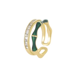 gold plated copper bamboo zircon open ring – elegant minimalist finger jewelry