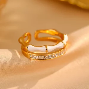 gold plated copper bamboo zircon open ring – elegant minimalist finger jewelry